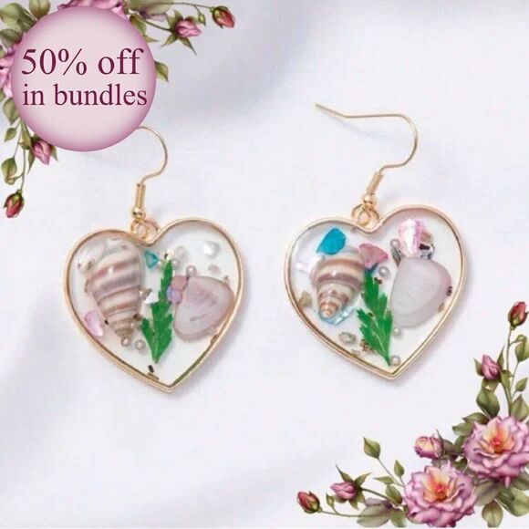 Ocean-Style Sea Shell Heart Shaped drop Earrings - Picture 1 of 10
